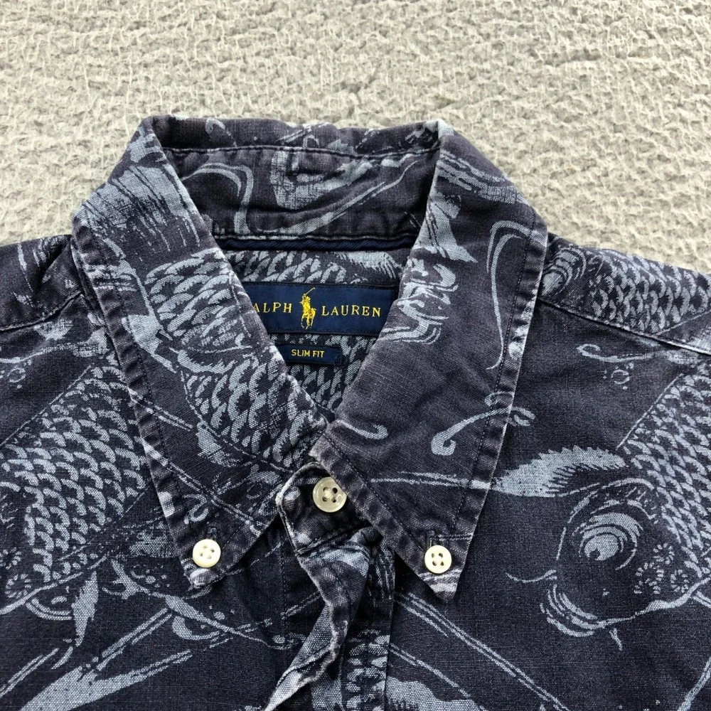 Polo Ralph Lauren Shirt Mens Extra Large Blue Koi Fish Short Sleeve Button Down